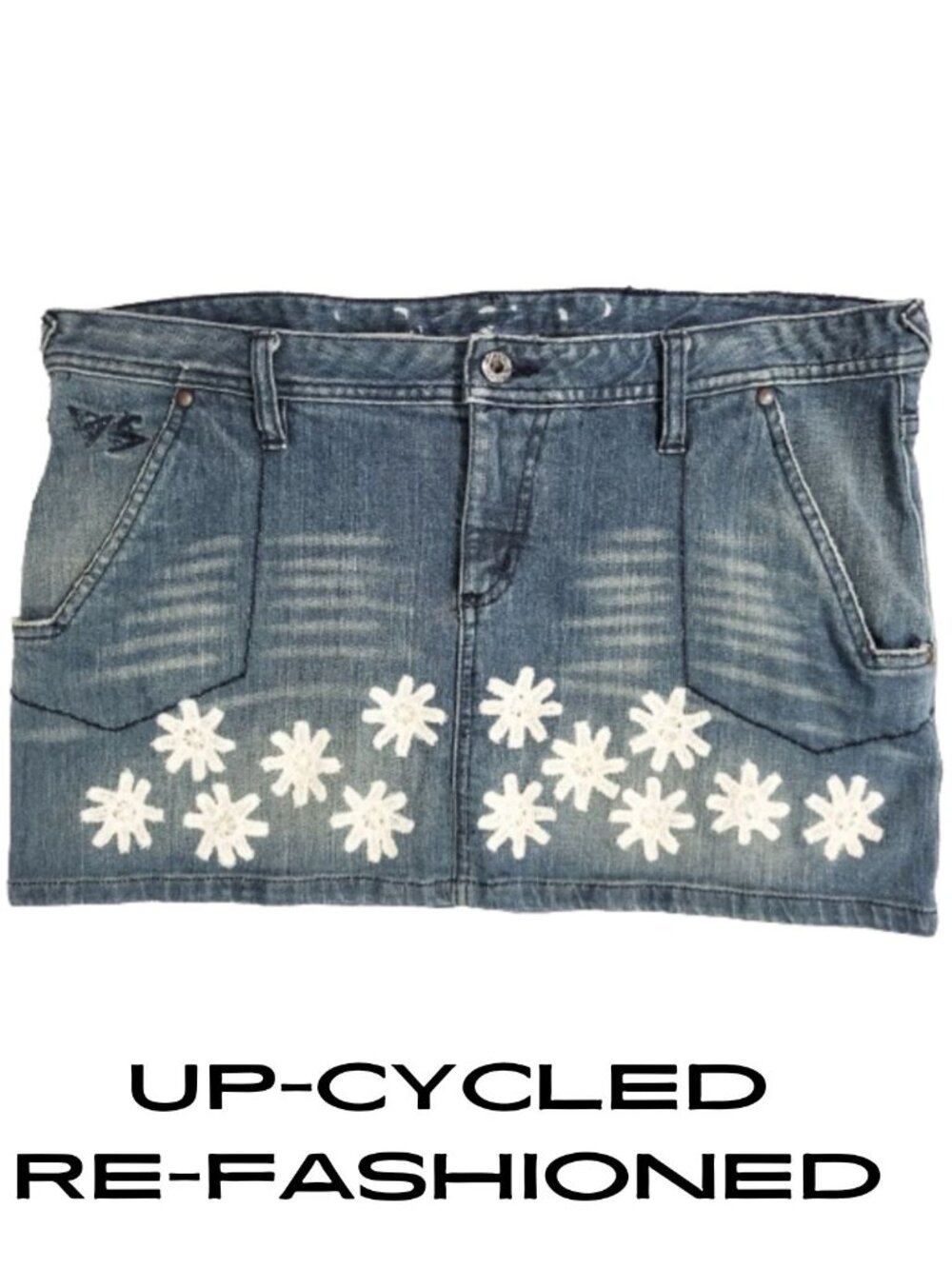 VOLCOM Refashioned Denim Embroidered Flower Patch Jean Mini Skirt - Women's 13